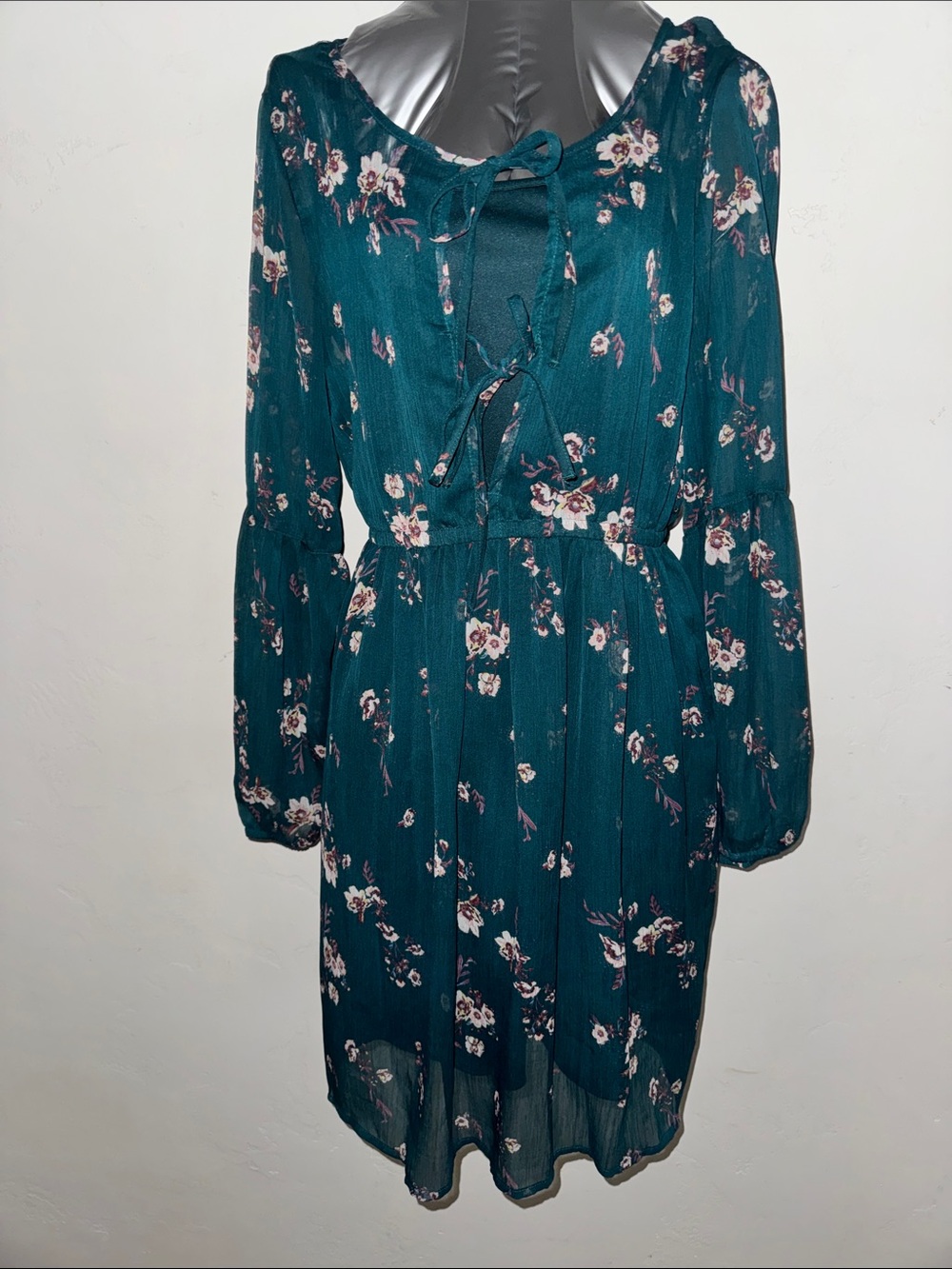 Mudd Teal Floral Long Sleeve Tie-Front Dress